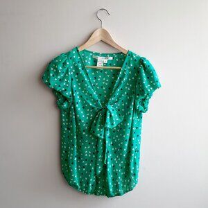MAX STUDIO Puffy Sleeve Blouse with Bow Detail in Teal Green with Heart Print